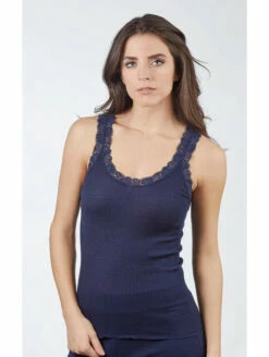 Top Bretelles Larges Dentelle Marine LAINE ET SOIE