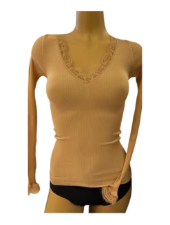 Top Manches Longues Col V Dentelle Peau SOIE