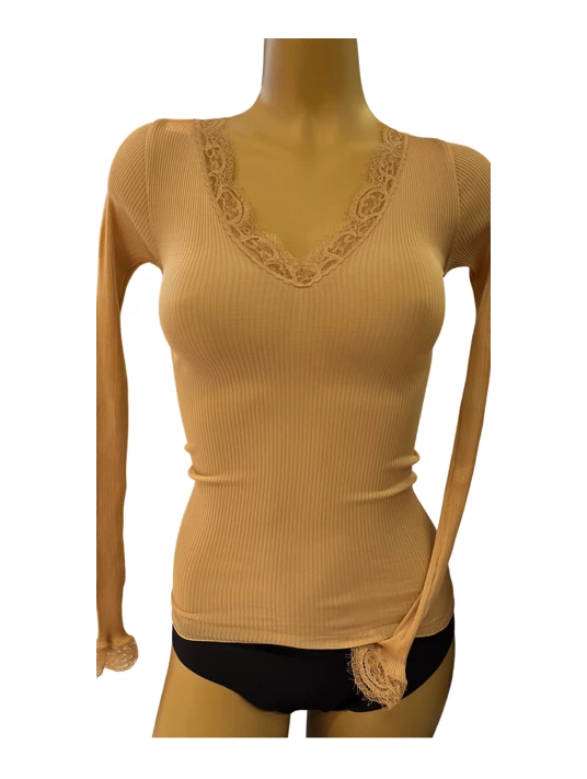 Top Manches Longues Col V Dentelle Peau SOIE 3 Top Manches Longues Col V Dentelle Peau SOIE